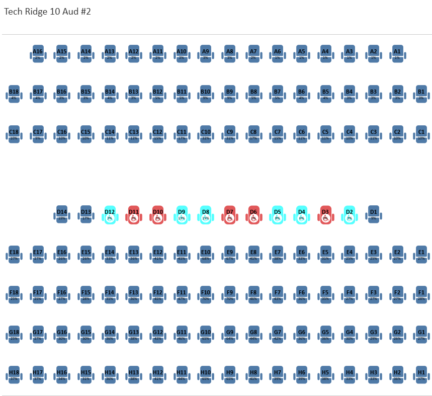 Original AMC Tech Ridge Auditorium 2 seating map, rows A through H