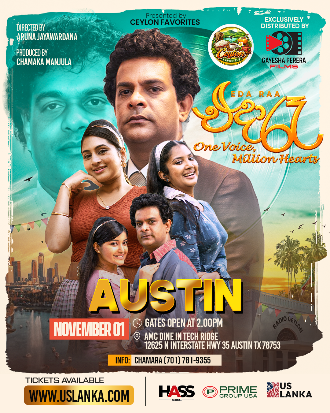 Eda Raa: One Voice, Million Hearts — Austin screening poster, November 1, presented by Ceylon Favorites